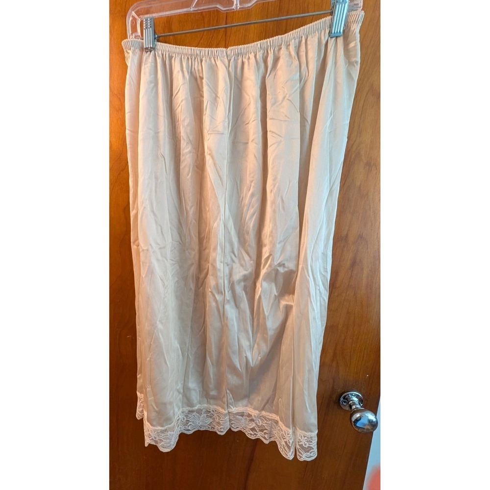 Vintage Women's Beige Nylon Lace Trim Knee-length Slip Skirt Elastic Plus 26/28W